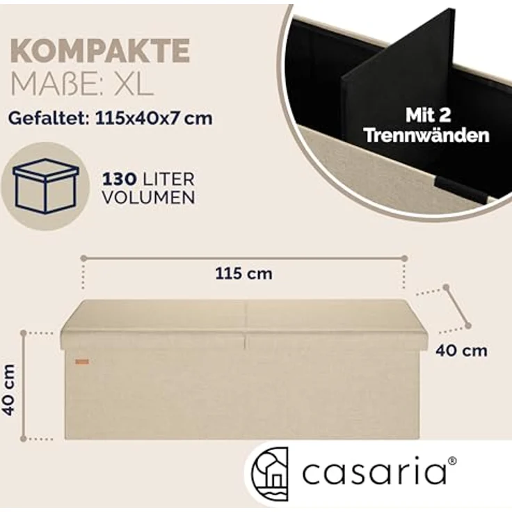 CASARIA® Faltbare Sitztruhe mit Stauraum Leinenoptik Beige XL – Bild 3