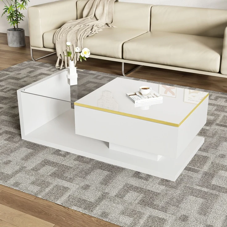 Couchtisch 100x50 cm Hochglanz Weiß LED Beleuchtung App Steuerung 16 Farben Glasplatte Wohnzimmer – Bild 2