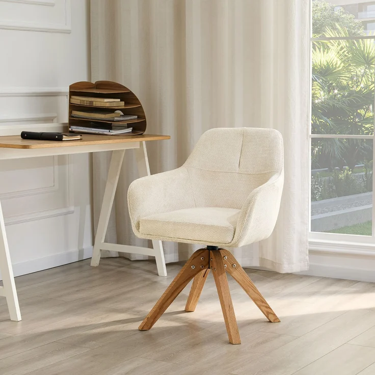 360° drehbarer Esszimmerstuhl mit Massivholzbeinen im 2er-Set, Bezogen mit beigem Stoffpolster, Schaumstoffsitz, ergonomisch geformte Rückenlehne, moderner, leicht luxuriöser Esszimmerstuhl.--Weiß, Holz--58x46x82cm--YOUDENOVA – Bild 8