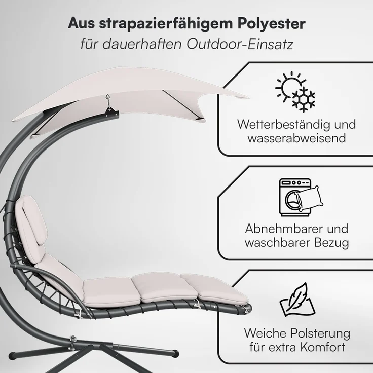 STEELSØN 'Nyria' Schwebeliege, beige, wetterfest, bis 120 kg belastbar, Hängeliege mit Sonnenschirm und Polster – Bild 4