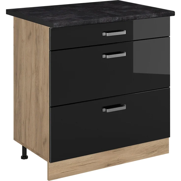 Küchenunterschrank R-Line Schwarz Hochglanz/Goldkraft Eiche 80 cm mit 3 Schubladen Arbeitsplatte Anthrazit Vicco – Bild 1