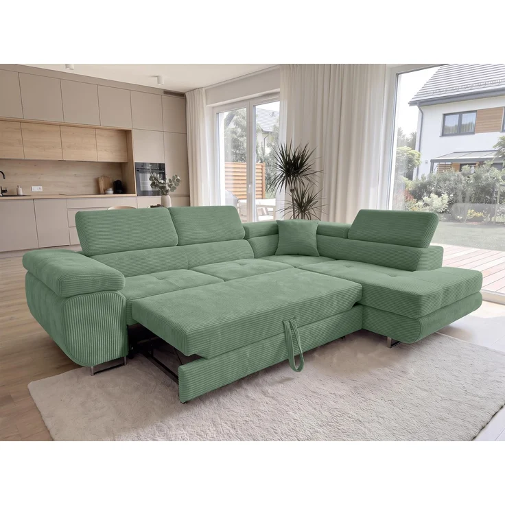 AX LIVING Konak Cord-Ecksofa R Salbeigrün 276 cm breit, Schlaffunktion, Bettkasten – Bild 2