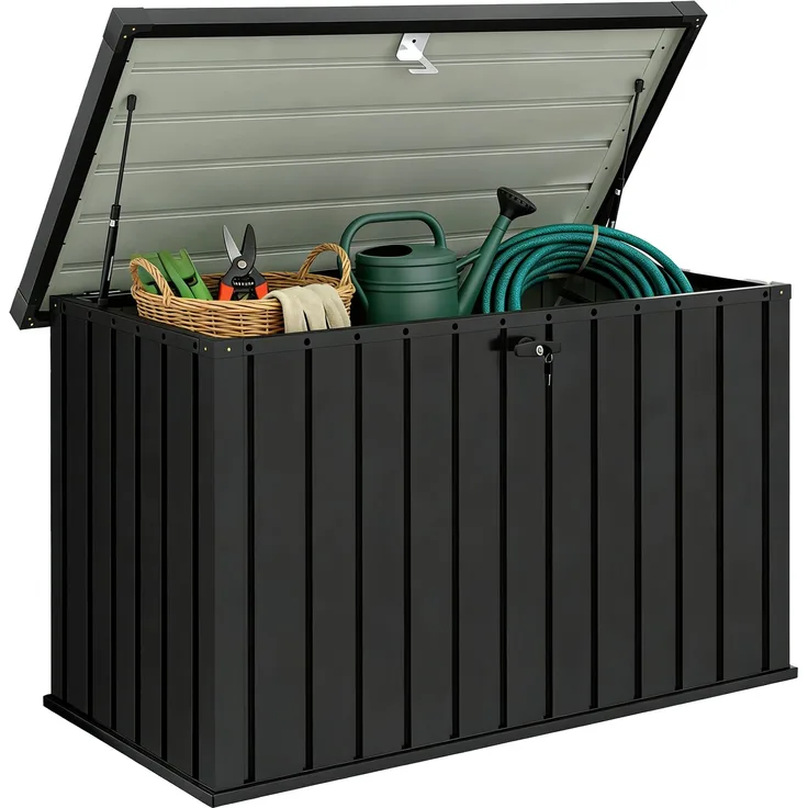 400L Outdoor-Koffer aus verzinktem Stahl mit Schloss und 2 Schlüsseln 124 x 66 x 72 cm, 124.0×66.0×72.0cm, Schwarz, MELAYR