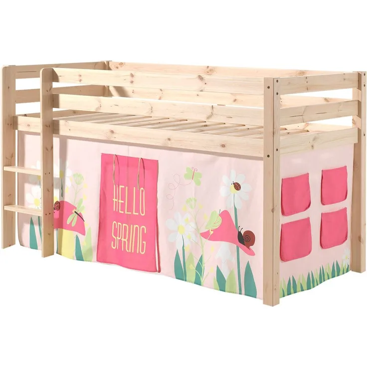 Spielbett Pino mit Textilset Vorhang "Spring", Kiefer massiv natur