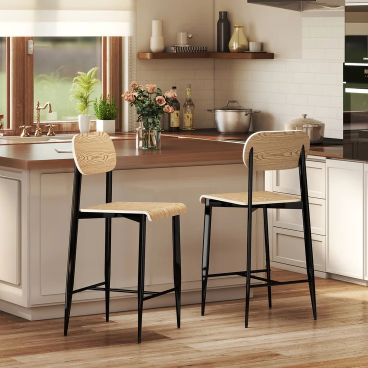 2er-Set Barhocker, Barstühle mit Rückenlehne und Metallgestell, Holz, Hellbraun--Naturholz--103x43x55cm--YOUDENOVA – Bild 10