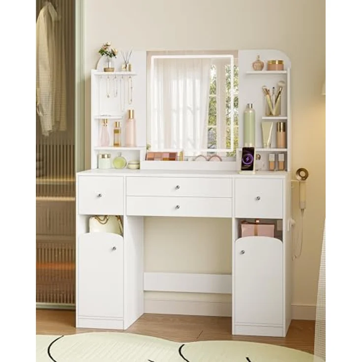 Schminktisch mit LED-Beleuchtung, mit Stecker und Föhnhalter, große Tischplatte 108 cm, Schminktisch mit 2 großen Schubladen mit Schmuckablage, 2 Schränke, 40 x 108 x 144 cm, Weiß – Bild 7