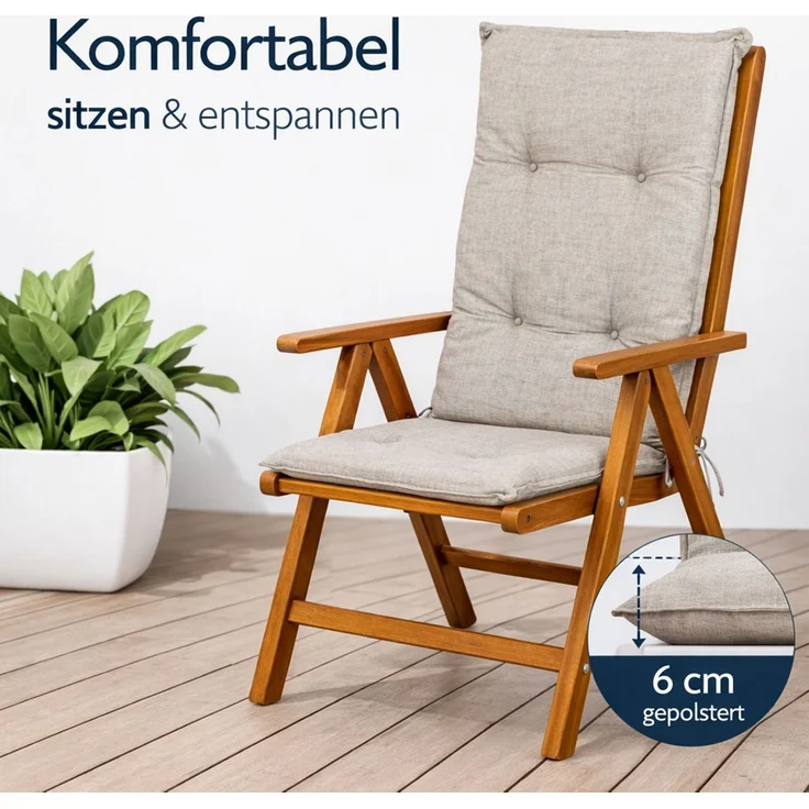 BURI 2x Hochlehner Auflage 117x49x6 cm - wetterfeste Gartenstuhlauflage mit Schaumkern & Vollvlies, Halteband & Bindebänder, bequemes Stuhlpolster für Balkon, Terrasse & Garten (Grau) – Bild 3