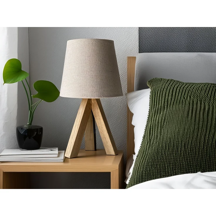 Tischlampe mit Dreibein aus Holz, Stoffschirm Creme Weiß, Höhe 27cm – Bild 5