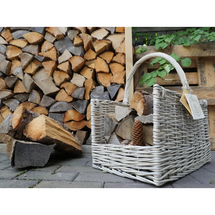Kaminholzkorb aus Weidenzweigen mit großzügigem Griff in grau – Bild 3