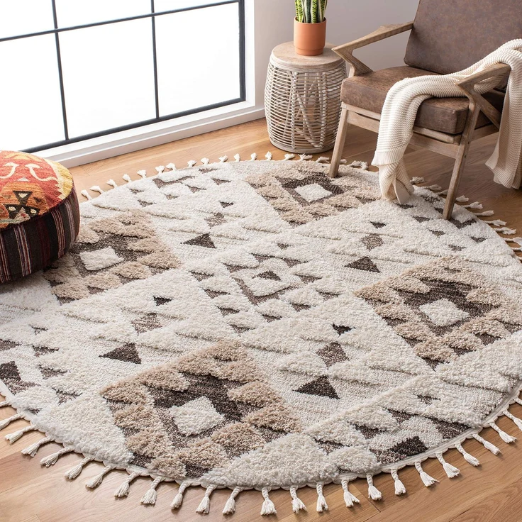 SAFAVIEH Zottelig Teppich für Wohnzimmer, Esszimmer, Schlafzimmer - Moroccan Tassel Shag Collection, Kurzer Flor, Elfenbein und Braun, 91 X 91 cm