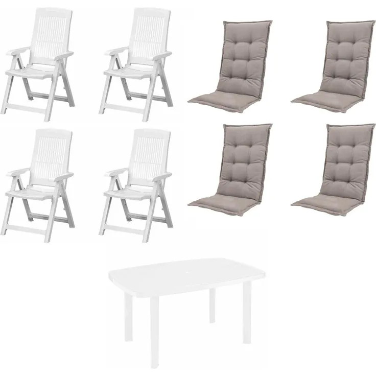 SET Tampa + Faro 4 x Klappsessel weiß, 1 x Tisch weiß, 4 x Auflage taupe