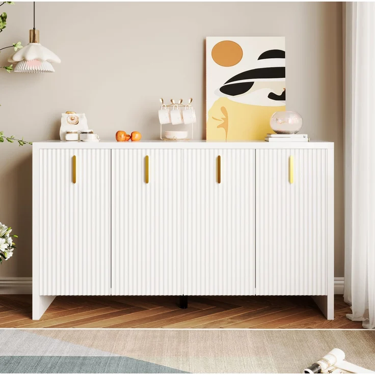 DESVIAE Sideboard mit 4 Türen und verstellbarem Einlegeboden, 140x80x38 cm, Spanplatte, Weiß – Bild 3