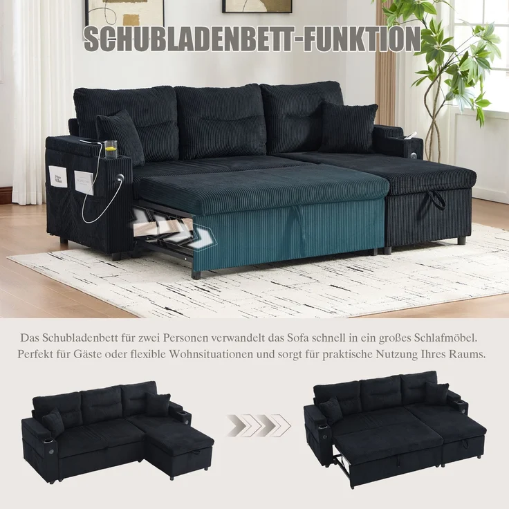 EINHOM Moderne 3-Personen Cordsofa mit Stauraum, Getränkehaltern und USB-C. hydraulischer Chaiselongue und Schubladenbett – Stilvolles Design trifft Komfort, Flexibilität und wohnliche Atmosphäre – Bild 4