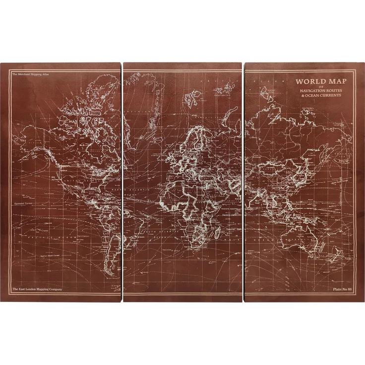 MELAYR, Handgefertigte Triptychon-Leinwandgemälde im Vintage-Stil, Weltkarte, 120 x 60 cm, 60 x 3,5 x 120 cm, Braun – Bild 1
