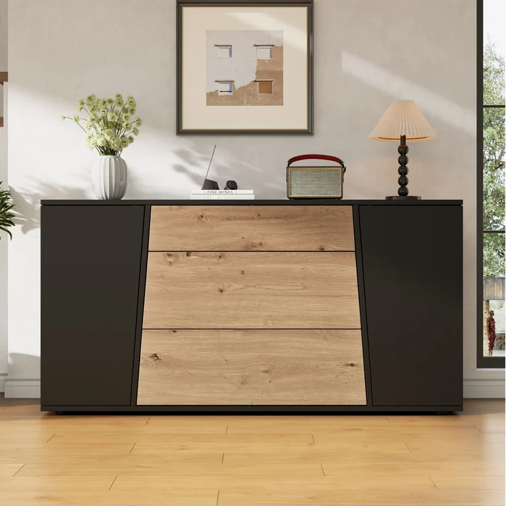 DESVIAE Sideboard Schwarz/Naturholzoptik aus MDF/Spanplatte – 140x70x35 cm – 3 Schubladen, 2 Türen – Bild 3