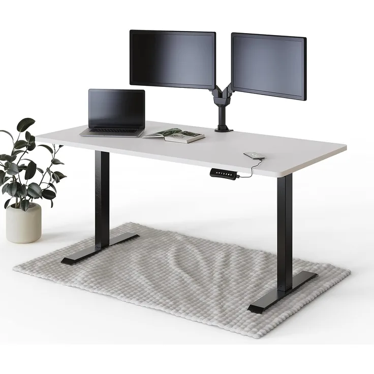 DESQUP® PRO Elektrisch höhenverstellbarer Schreibtisch | +160x80 cm Weiße Tischplatte | Ergonomischer Stehpult mit Memory Funktion & Kollisionschutz | Schwarzes elektrisches Gestell mit Ladebuchse