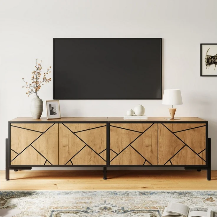 MODFU TV-Schrank Naturfarbener TV-Ständer 153 cm mit schwarzen Linien & 4 Türen (Packung, 1-St, Geometrisches Kontrastdesign, MDF-Material) Geeignet für TV um die 65 Zoll, praktisches Wohnzimmer-Kabinett – Bild 3