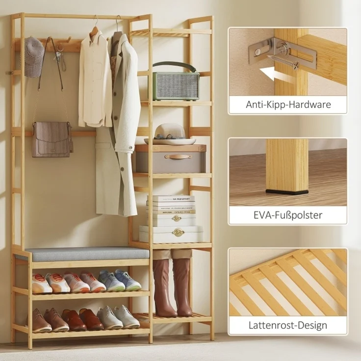 Garderobenständer aus Bambus mit Schuhregal und Sitzbank, 104x33x175 cm, Naturholz – Bild 4