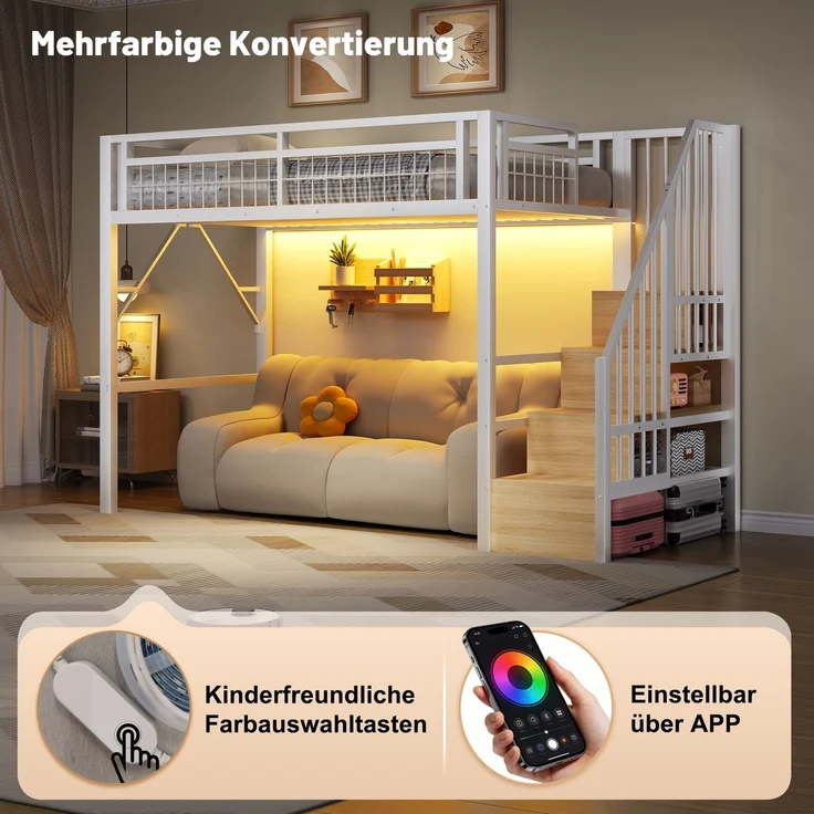 Hochbett, 90 x 200 cm, Eisenrahmen, mit LED-Lichtleiste, Treppenkonstruktionen mit Stauraum, Freier Raum zum Verkleiden nach, Ohne Matratze, Weiß – Bild 5