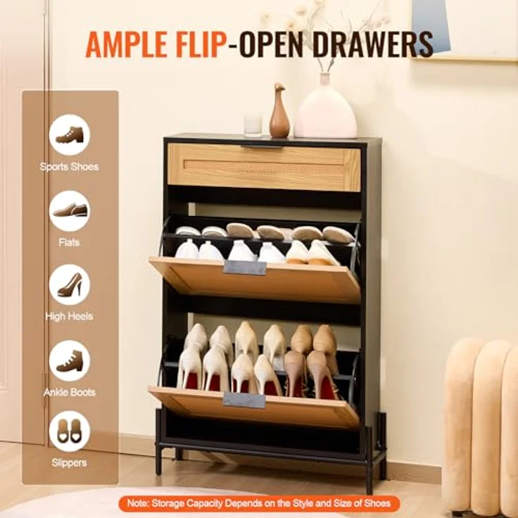 VEVOR Schuhschrank Schuhkommode aus Rattan mit 2 Klappschubladen & 1 Ausziehschublade, Metallbeine, schmaler Schuhschrank ideal für Eingangsbereich Diele Schrank Flur Schuhkipper Schwarz – Bild 6