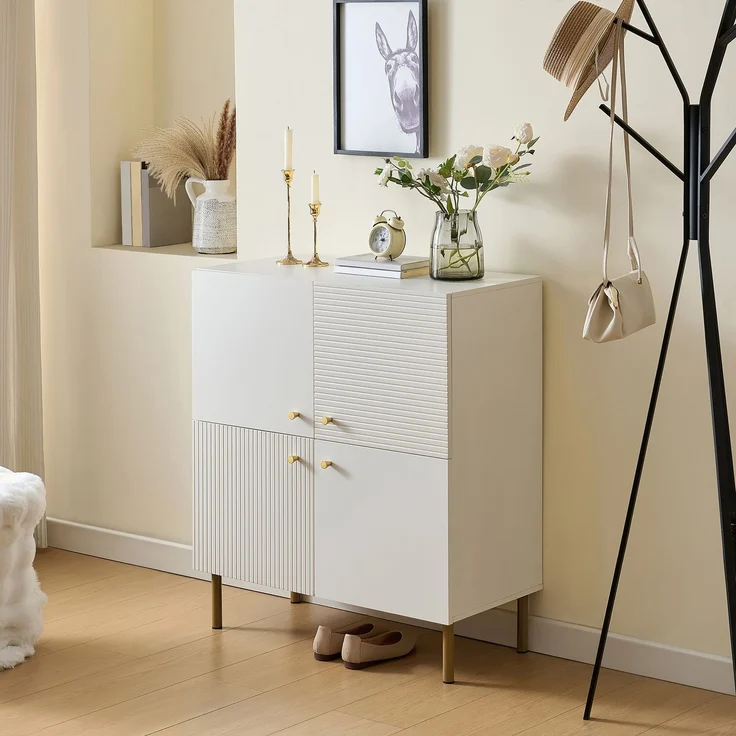 Sideboard Weiß MDF 80 x 36 x 90 cm, modern, Metallbeine, Aufbewahrungsschrank Wohnzimmer Schlafzimmer Flur – Bild 1
