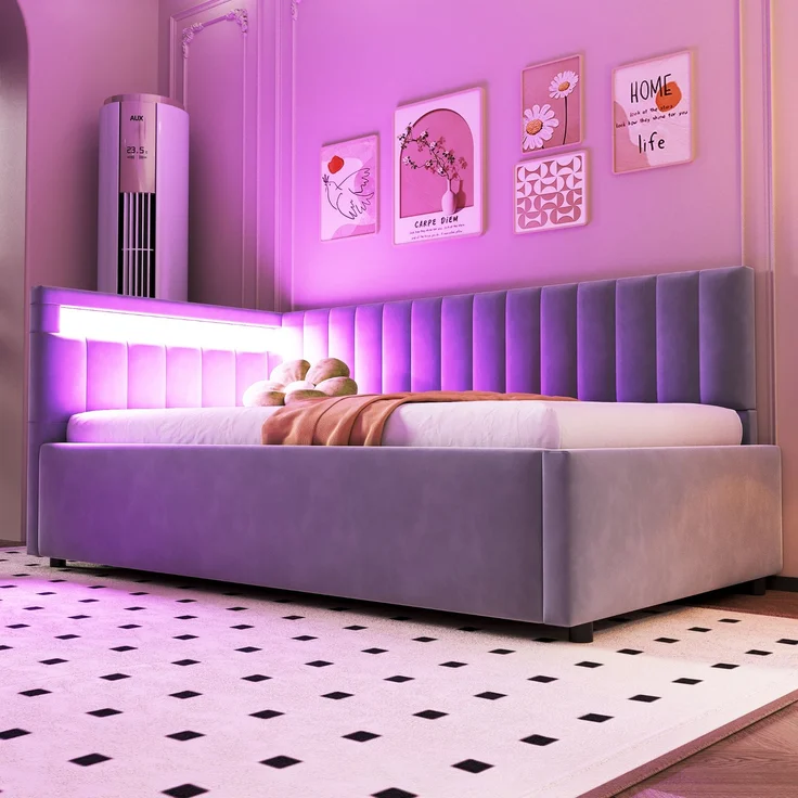 Merax Polsterbett Schlafsofa 90x200, mit LED-Beleuchtung und hydraulischem Stauraum, klassisches vertikales Streifendesign, seitliche Kopfteile mit austauschbaren Positionen, Lattenrost, Samtstoff, Hellgrau – Bild 6