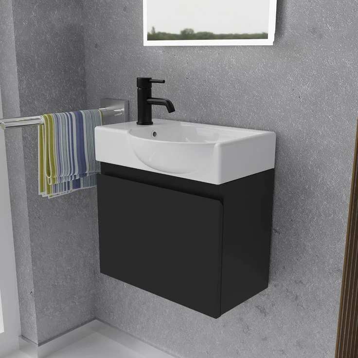 Alpenberger Badmöbel-Set - Gäste WC Waschbecken mit Unterschrank 45 cm Breit, (Badschrank 2-tlg, Waschtisch hängend), Waschbeckenunterschrank mit Softclose - Schwarz - Rechts Becken – Bild 1