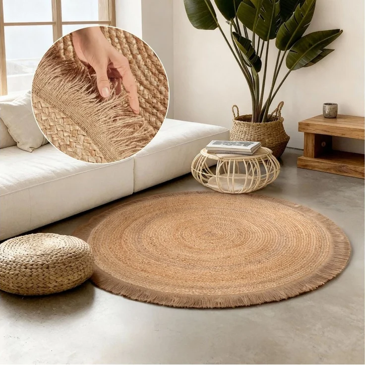 Hanse Home Nuru Juteteppich - Natur Wohnzimmereppich Rund aus 100% Jute, Handgewebt mit Fransen - Robust & Pflegeleicht - Boho Naturfaser Teppich für Wohnzimmer, Schlafzimmer - Natur Gold, Ø200cm – Bild 1
