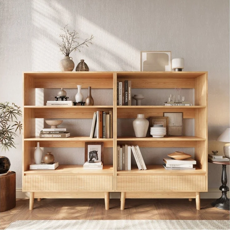 VOWNER Bücherregal mit Schublade, offenes Standregal, modernes Holzregal, 2-tlg, vielseitiges Aufbewahrungsregal, 3 Ebenen, Maße 160x120x30 cm – Bild 1