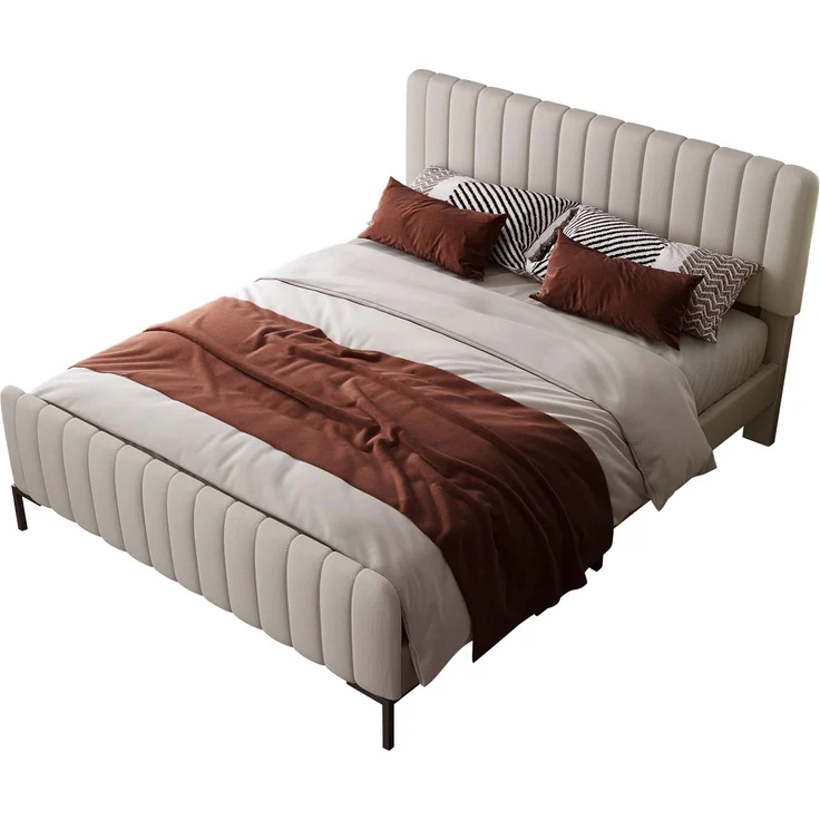Polsterbett Doppelbett 160x200 cm, Bettgestell mit Lattenrost und Verstellbares Kopfteil, Gepolstertes bett in Grau-Beige,Bettrahmen Jugendbett für Schlafzimmer Gästezimmer-Leinenmaterial – Bild 3