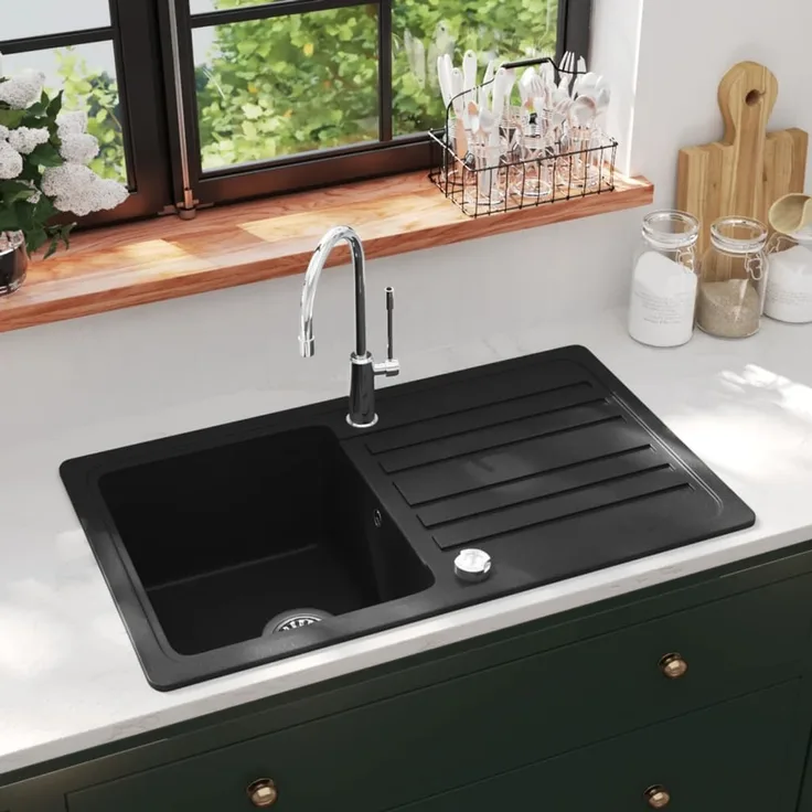 Küchenspüle | Granitspüle mit Abtropffläche Reversibel Schwarz