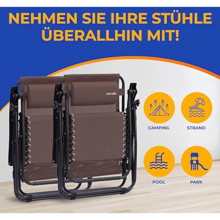SereneLife 2er- Sonnenliege, Gartenliege, Liegestuhl- Klappbar, Relaxliege Verstellbar mit Seitentisch, Kopfkissen & Getränkehalter, Klappliege Wetterfest, bis 120KG, Ideal für Balkon, Strand & Pool – Bild 7