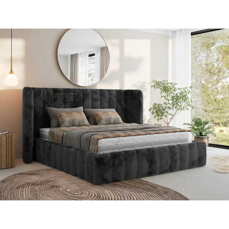 Polsterbett GOLETTA CLASSIC 200 x 200 cm mit gepolstertem Kopfteil, stabilem Bettrahmen, Lattenrost und Bettkasten mit Gasdruckfedern, Doppelbett, zeitloses Design - Dunkelgrau Plüsch – Bild 1