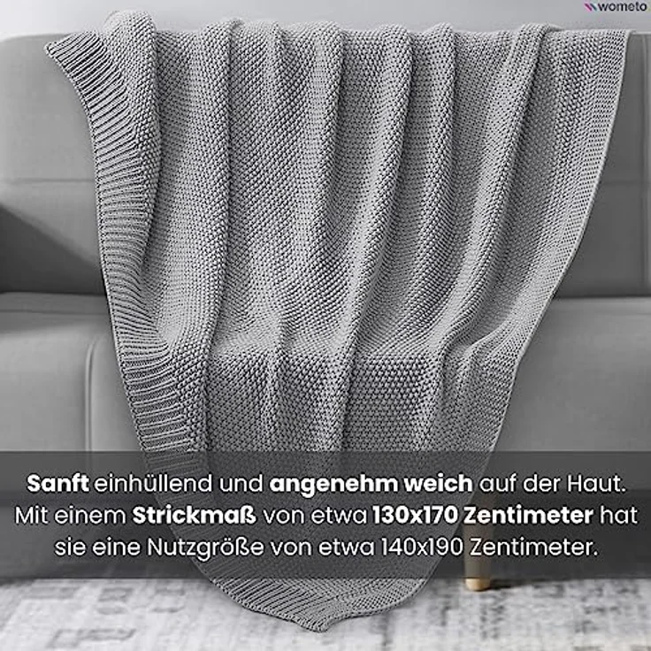 wometo Strickdecke, Grau, 140x190 cm, Oeko-Tex® zertifiziert, super weich und pflegeleicht, Wohntextilien – Bild 3