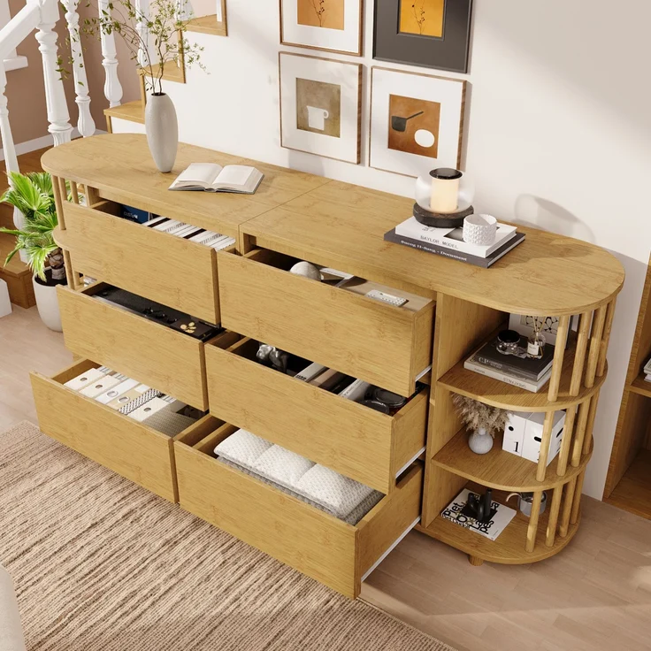 Sideboard Eiche Retro-Römisch mit 6 Schubladen & Bambusregalen, Kippsicher, Wohnzimmer Flur Küche Aufbewahrung – Bild 5