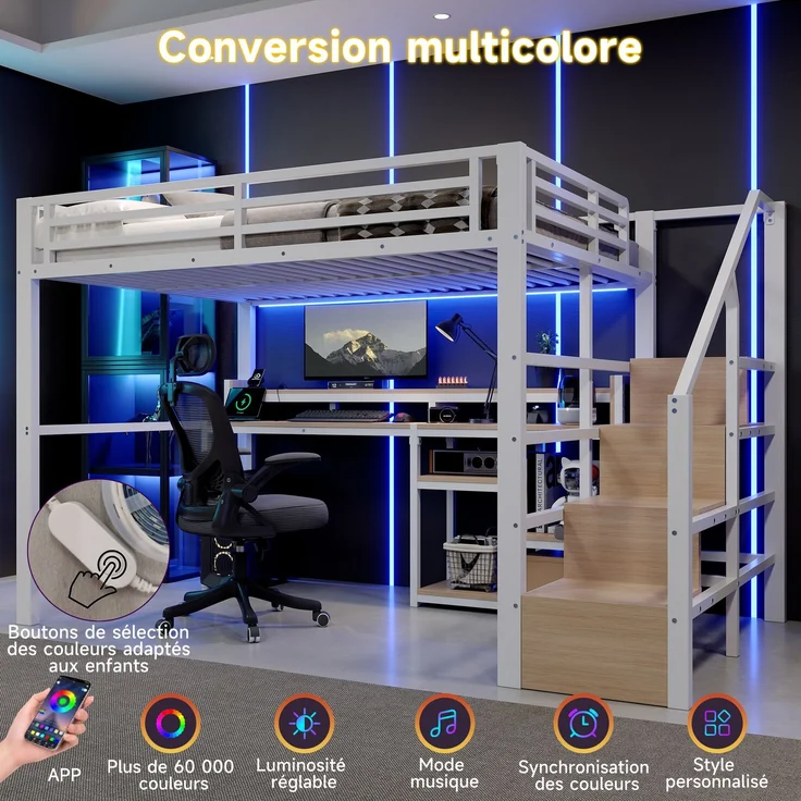 EINHOM Hochbett, 140 x 200 cm, Metallbettgestell, Leiterschrank, Ablagefach, USB + Typ-C, LED-Lichtleiste, Weiß (Ohne Matratze) – Bild 7