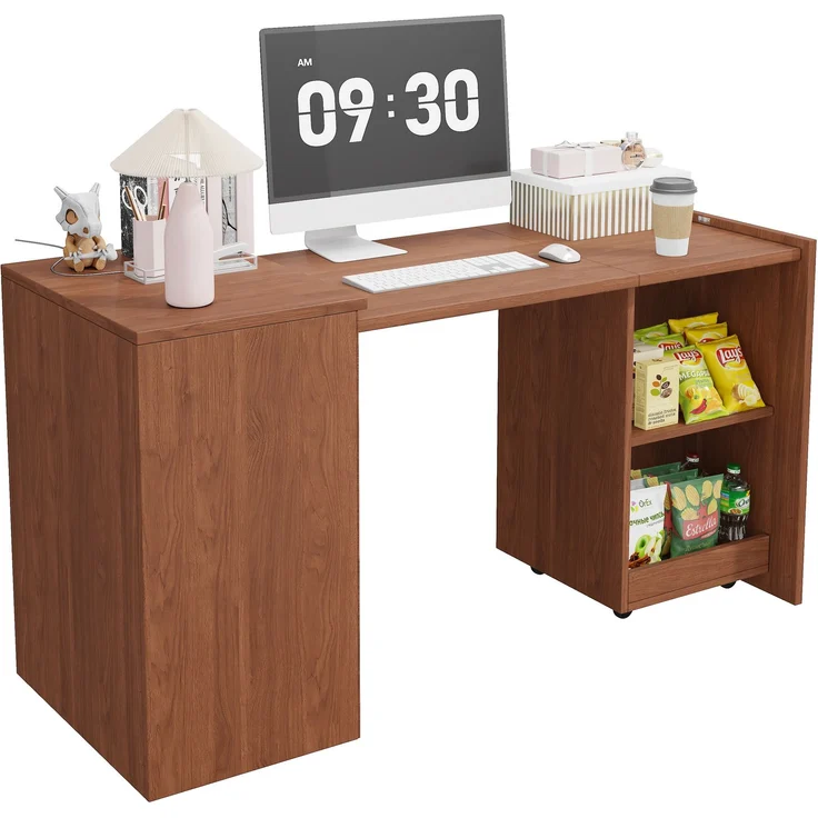Flieks Klapptisch 126 x 55 x 75 cm, 2-in-1 Schreibtisch und Schrank mit 4 Fächern und Rollen, Nussbaumoptik – Bild 1
