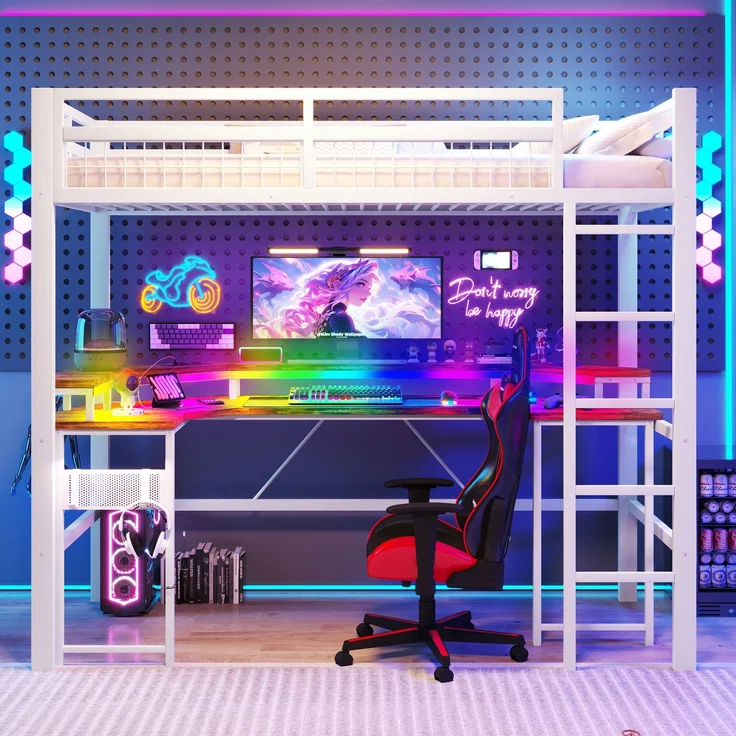 EINHOM Hochbett, 90 x 200 cm, Eisenrahmen, mit Farbwechselnder LED-Lichtleiste, mit Schreibtisch, 1 USB-Anschluss + 1 Typ-C-Anschluss und 2 Steckdosen, mit Lochwand, Weiß (Ohne Matratze) – Bild 3