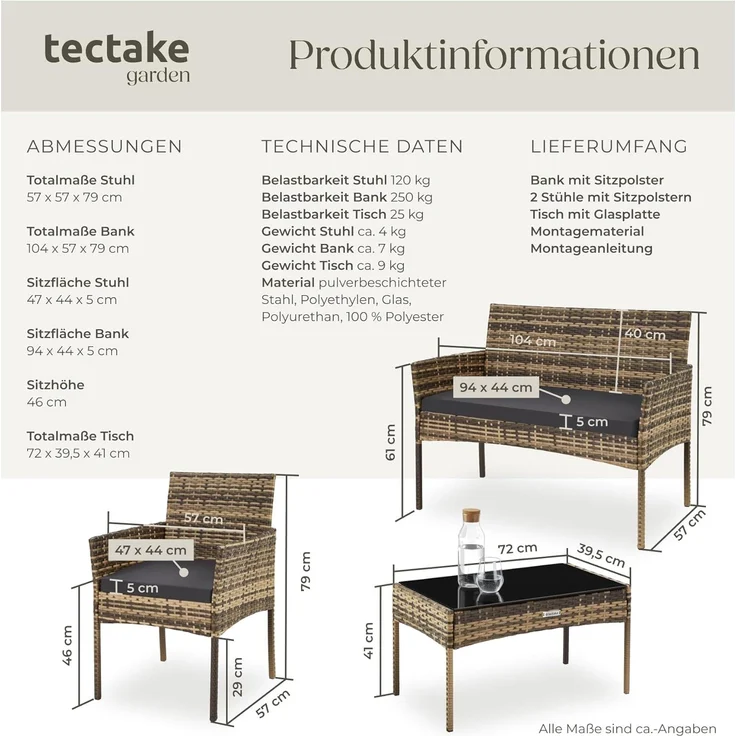 tectake Sitzgruppe Rattan Gartenset, (Set, 4-tlg), Wasserabweisende, abnehmbare und waschbare Polyesterbezüge – Bild 6