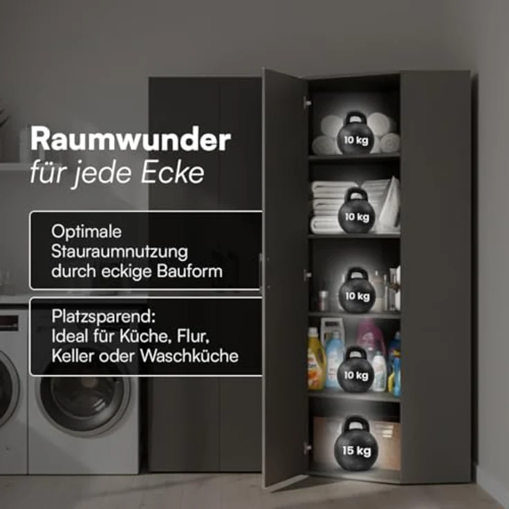 Bellamio Apol Eckschrank schwarz – großer Mehrzweckschrank – Allzweckschrank aus Holz – Haushaltsschrank mit 5 Fächern – Aktenschrank für Flur/Küche/Büro – Putzschrank – Aufbewahrungsschrank – Bild 5
