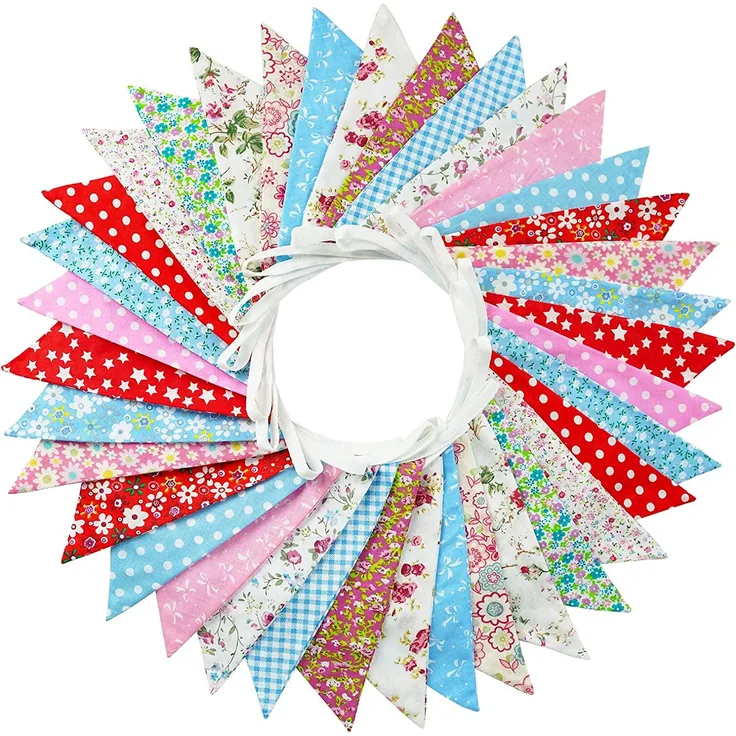 G2PLUS Süße Beidseitig Wimpel Girlande, 10M Bunting Wimpelkette Rot und Blau Stoff Stoffgirlande mit 36 STK Farbenfroh Wimpeln für Hochzeits Geburtstag Party