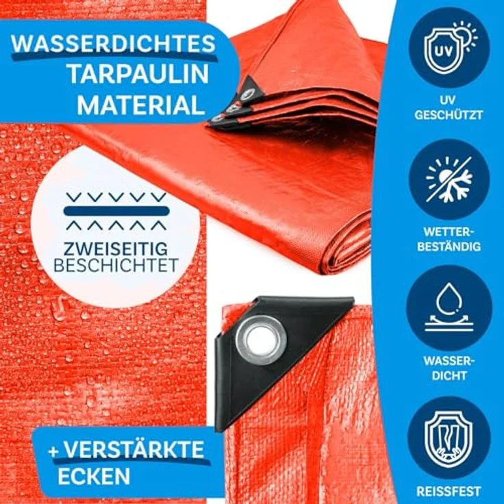 Floordirekt Abdeckplane | Gewebeplane | Schutzplane Bootsplane Zeltunterlage für Camping Garten wasserdichte Planemit Ösen Viele Qualitäten, Größen, Farben 6x10 m 60m² 140 g/m², Orange – Bild 3
