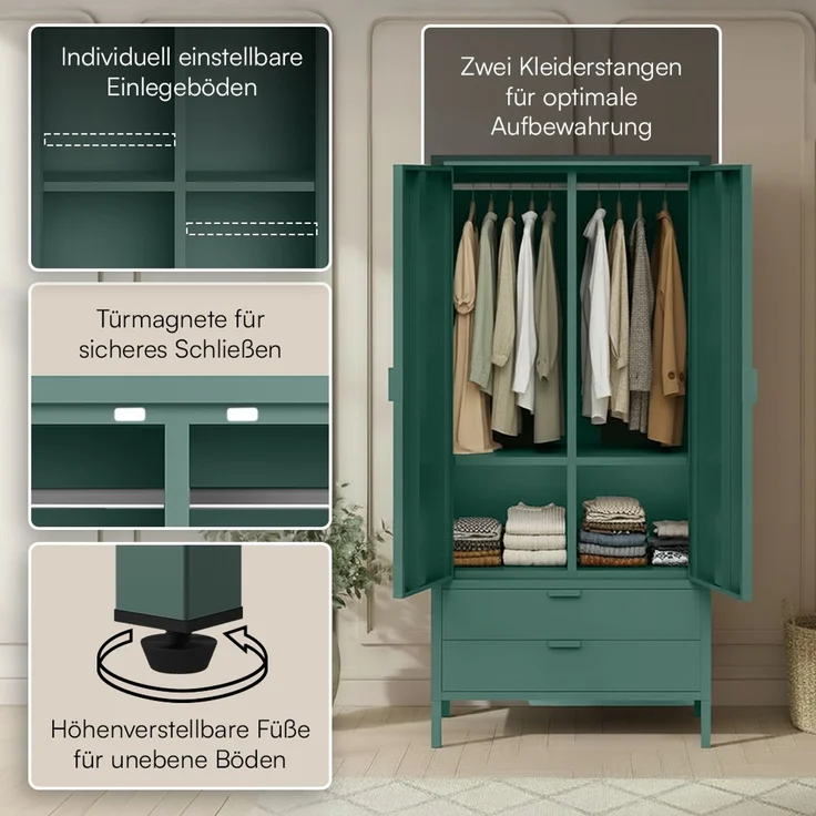 skølm 'Ituri' Kleiderschrank mit 2 Schubladen, Metall, 170x45x80 cm, dunkelgrün, Garderobe mit 4 Fächern und 2 Kleiderstangen – Bild 3