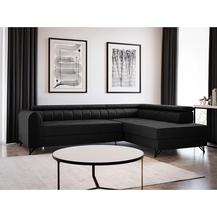 Ecksofa Alice mit Schlaffunktion und Bettkasten, Wohnlandschaft mit einstellbare Kopfstützen, Couch, Sofa, Bettsofa, Schlafsofa (Schwarz (Kronos 07), Ecksofa Rechts)