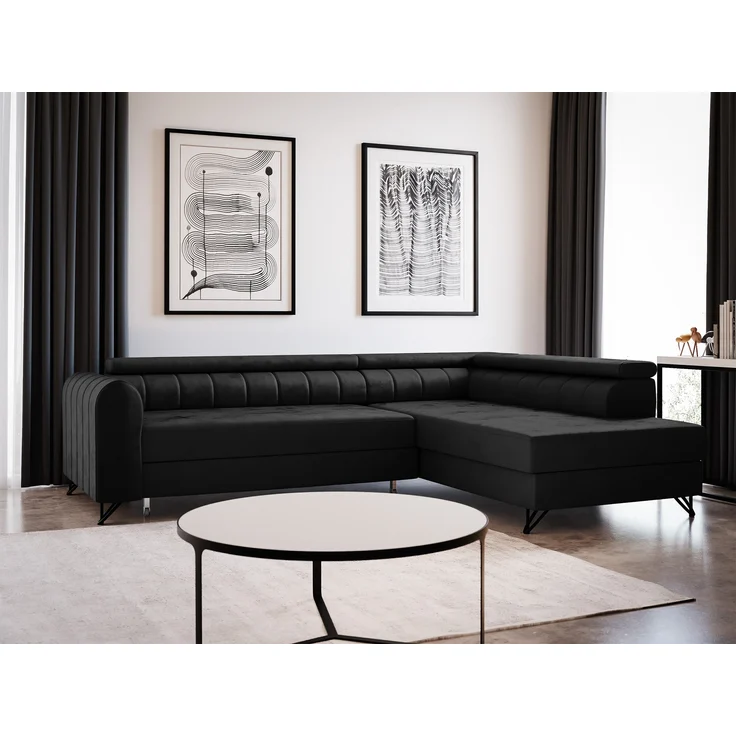 Ecksofa Alice mit Schlaffunktion und Bettkasten, Wohnlandschaft mit einstellbare Kopfstützen, Couch, Sofa, Bettsofa, Schlafsofa (Schwarz (Kronos 07), Ecksofa Rechts) – Bild 1