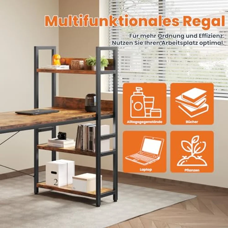Sweetcrispy Schreibtisch mit Seitlichem Regal & Verstellbaren Füßen, 120 cm breiter Bürotisch, Starker Computertisch mit Ablagefläche, Einfacher Montage, vintagebraun – Bild 5
