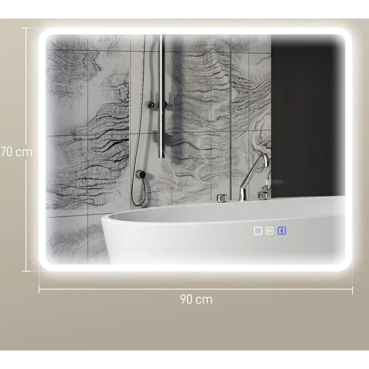 Badezimmerspiegel aus gehärtetem Glas mit LED-Beleuchtung, Bluetooth und Anti-Beschlag, 70x90 cm, Silber – Bild 5