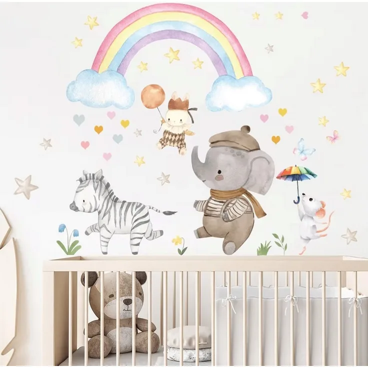 Montegoni Wandtattoo Cartoon Tier Fantasie Regenbogen Wandaufkleber (Wolken,Herzen, Zebra, Elefant, Wandsticker, Wanddeko für Mädchenzimmer), kinderzimmer,babyzimmer