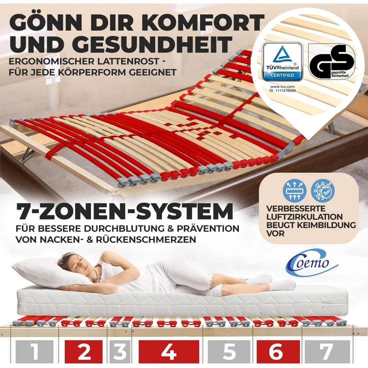 Coemo Lattenrost "RUBY" 80x200 cm mit Kopf- & Fußteilverstellung 28 Leisten – Bild 2