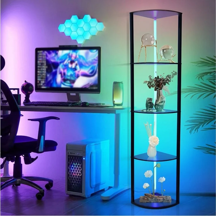 XIIW Eckvitrine LED Eckregal Standregal Bücherregal Vitrine mit Fernbedienung Smart (5 Etagen, 30×30×162 cm, Stehlampe Stehleuchte Regal aus Holz) für Wohnzimmer Schlafzimmer Flur Büro – Bild 4